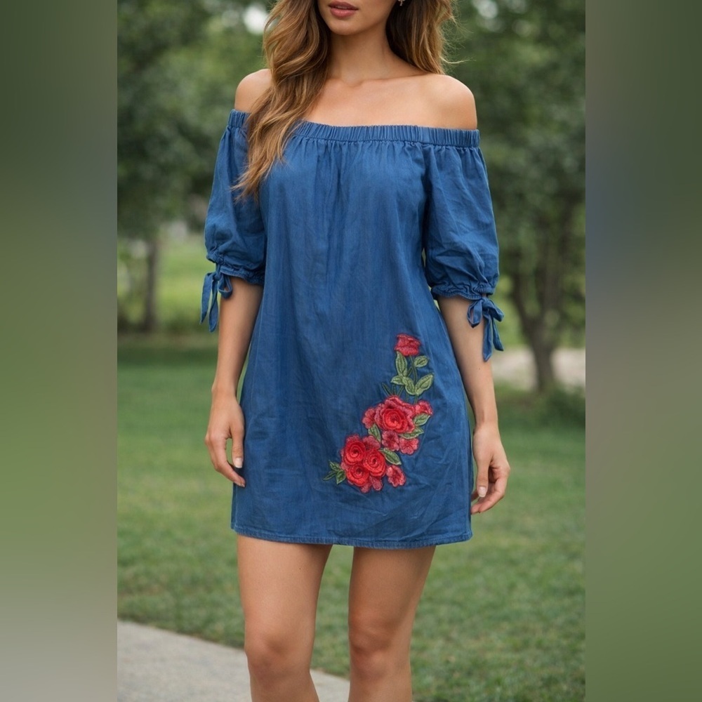 Denim Off the Shoulder Dress with Red Floral Embroidery Detail, M